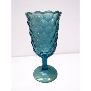 FASTORIA Vintage Blue Diamond Pattern Glass Goblet With Scalloped Rim- 8.5" Tall